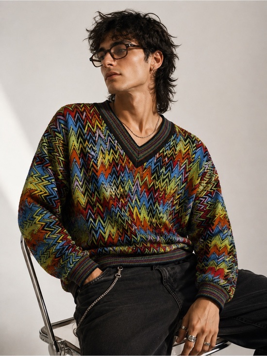 Other - Retro Rainbow Zig Zag Sweater Colorful Cotton Knit V Neck Maximalist Pullover M
